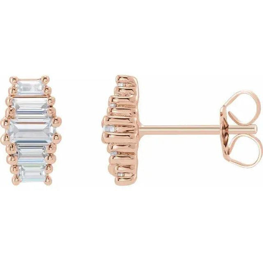 Baguette earrings in 14K rose gold with lab-grown diamonds. These handcrafted, NYC-made studs blend sustainability with a timeless, minimalist aesthetic.