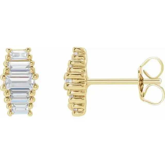 Close-up photo of 7.5mm 14K gold baguette diamond bar earrings with lab-grown diamonds, handcrafted in NYC.