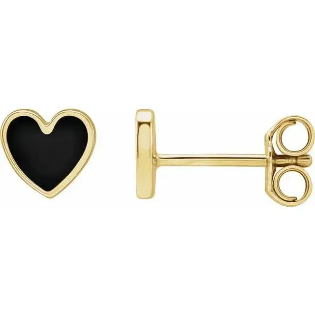 Close-up photo of 6mm 14K gold black enamel heart stud earrings, handcrafted in NYC.