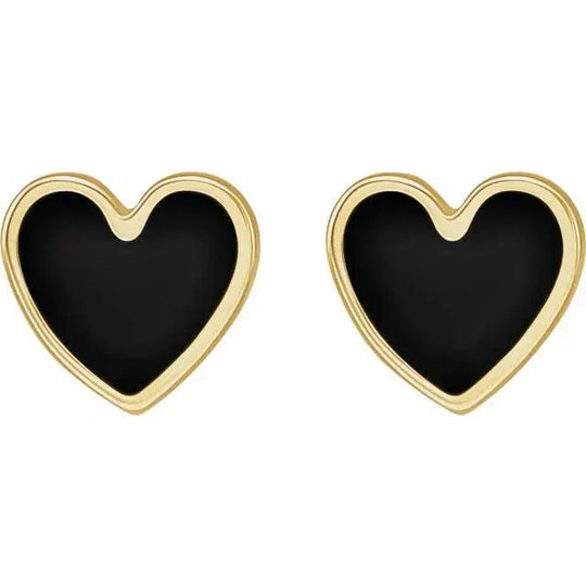 Black enamel heart earrings in 14K gold