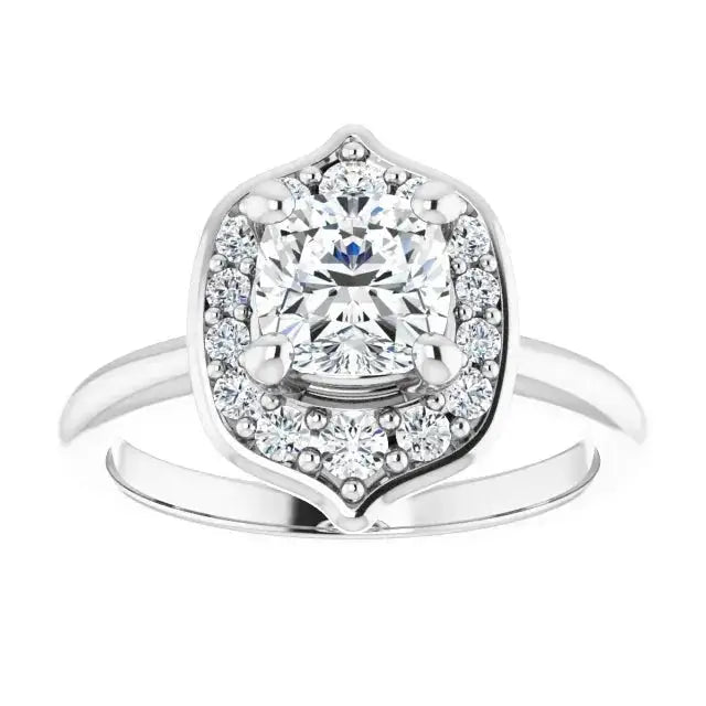 Pinpoint Flower Engagement Ring with cushion diamond in white gold, featuring a floral-inspired halo setting with sparkling accent stones.