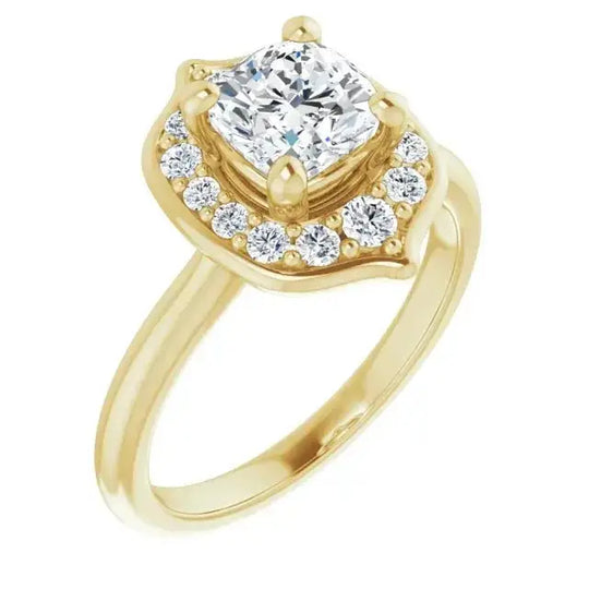 Yellow gold Blooming Pinpoint Flower Engagement Ring with a cushion diamond and floral halo, offering a warm and romantic appeal.