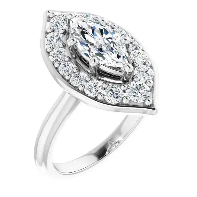 Romantic engagement ring with marquise-cut diamond centerpiece