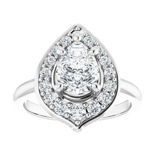 Blooming Pinpoint Flower Engagement Ring featuring a pear-shaped diamond with a halo of round diamonds in white gold. A floral-inspired romantic design.