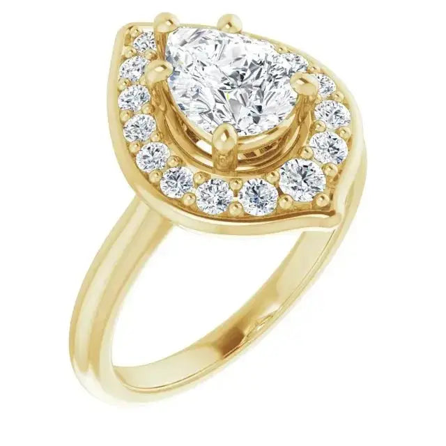 Luxurious pear diamond engagement ring in yellow gold with a blooming flower halo. A handcrafted floral-inspired piece symbolizing love and beauty.