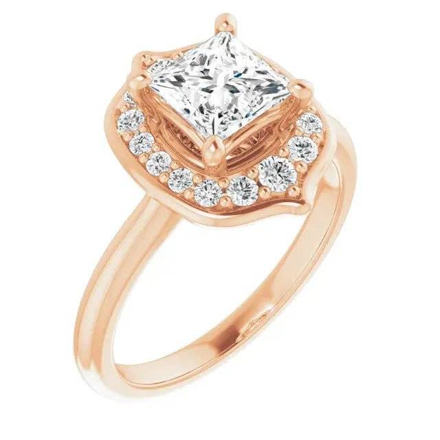 Rose gold Blooming Pinpoint Flower Engagement Ring with a square diamond centerpiece, floral halo, and sparkling accent diamonds.