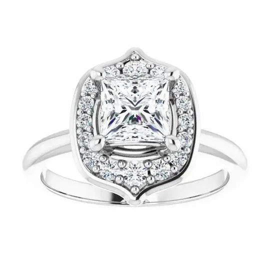 Blooming Pinpoint Flower Engagement Ring featuring a square diamond in a floral-inspired halo setting with a split shank band in white gold.