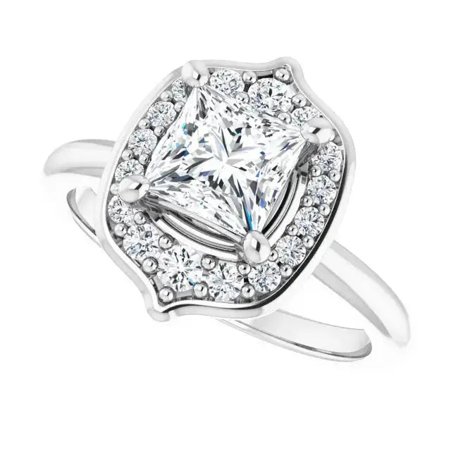 Unique square diamond ring with a blooming flower-inspired halo, crafted in white gold with a split shank band and sparkling accent diamonds.