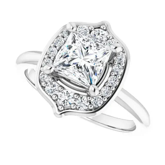 Unique square diamond ring with a blooming flower-inspired halo, crafted in white gold with a split shank band and sparkling accent diamonds.