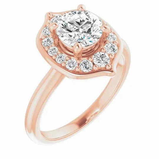 Blooming Pinpoint Flower Engagement Ring in rose gold, featuring a round diamond center stone surrounded by a floral halo of diamonds.