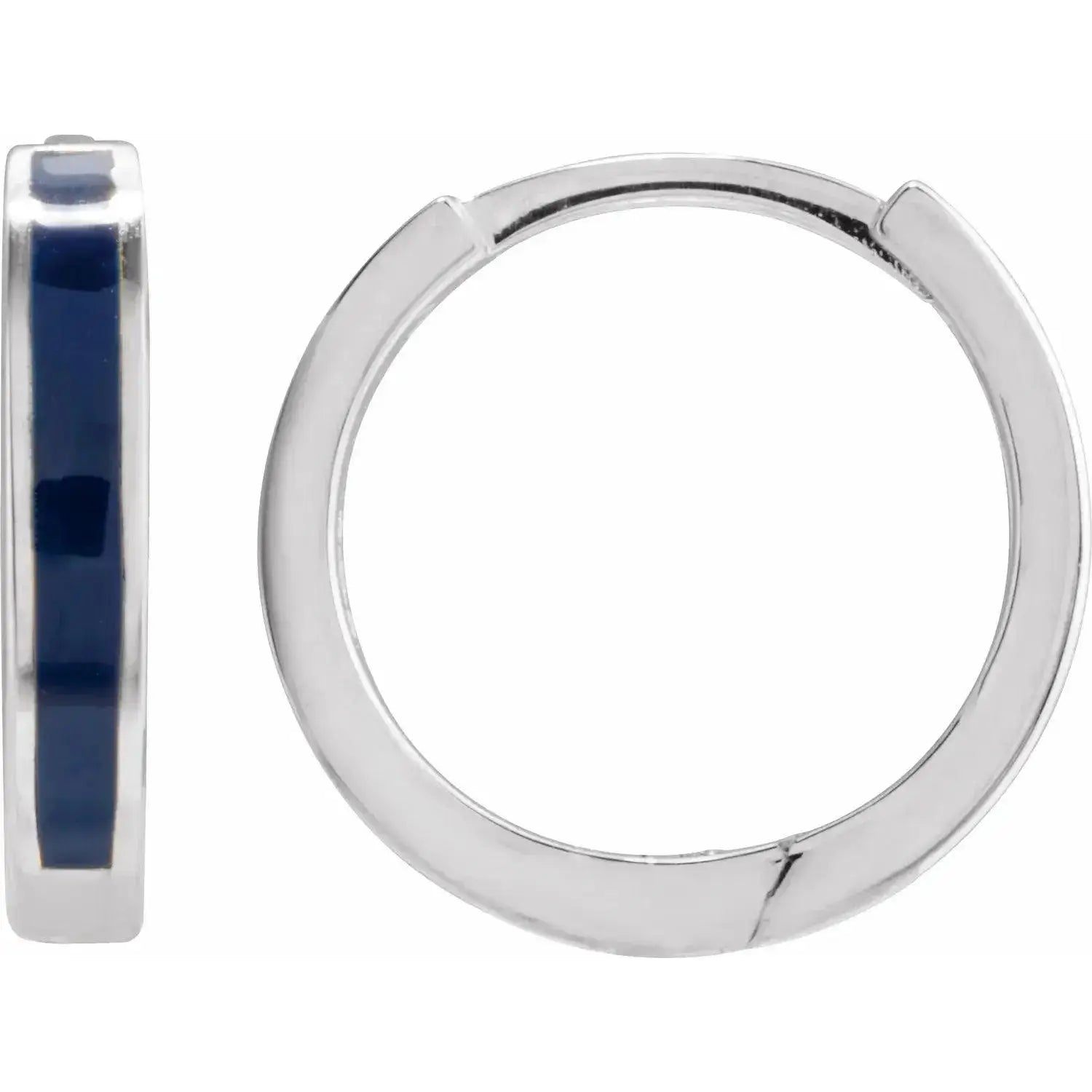 Blue enamel hoop earrings in 14K white gold with a polished finish. A sophisticated and modern jewelry piece with a secure clasp.