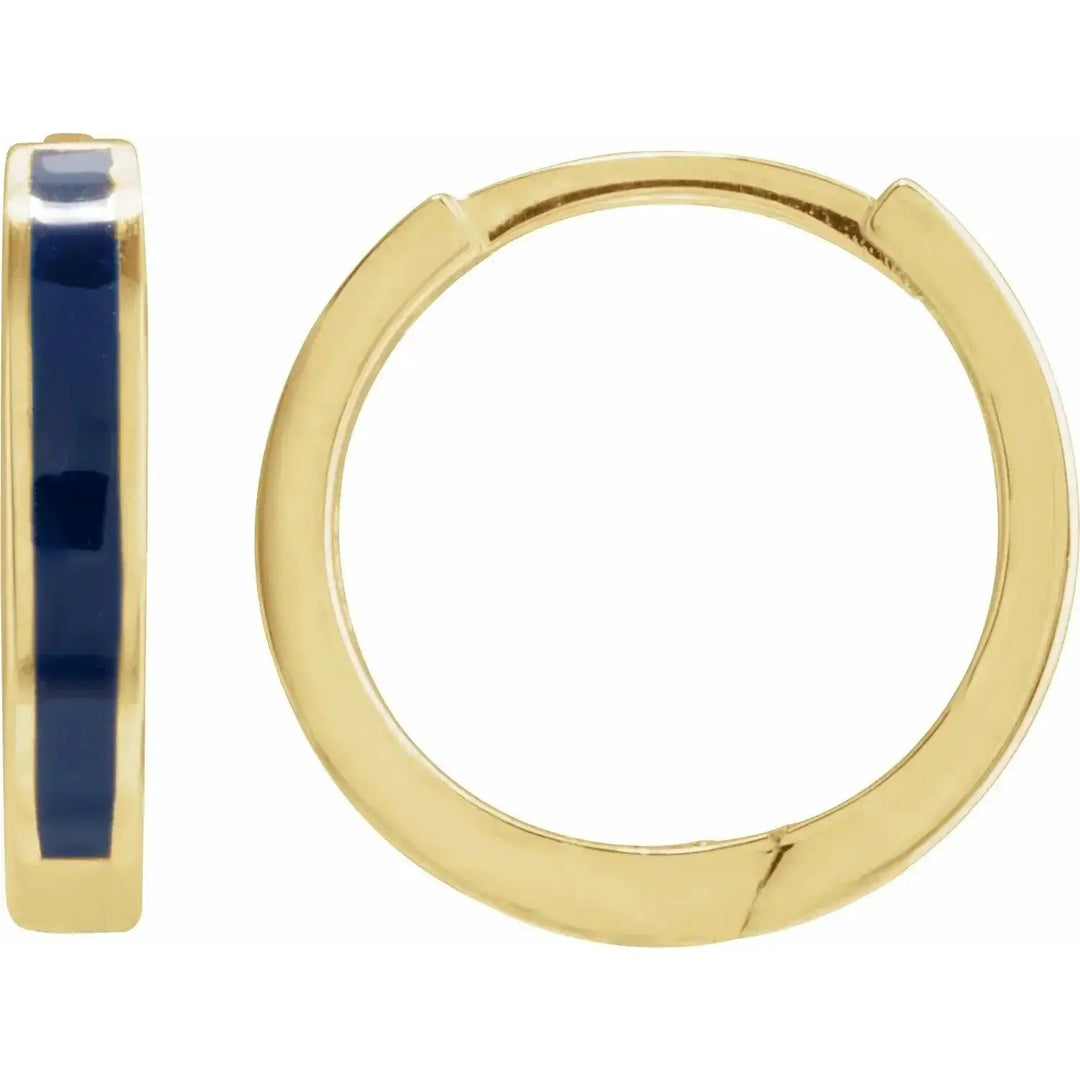 Blue enamel hoop earrings in 14K solid gold with a sleek hinged clasp. Modern and vibrant jewelry piece with a polished gold finish.