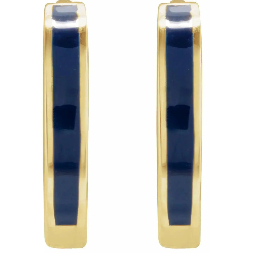 Elegant blue enamel hoop earrings in 14K solid gold, featuring a bold enamel stripe. A stylish and contemporary jewelry accessory.