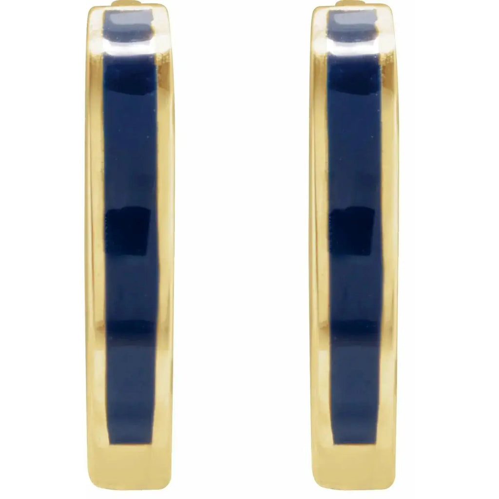 Elegant blue enamel hoop earrings in 14K solid gold, featuring a bold enamel stripe. A stylish and contemporary jewelry accessory.