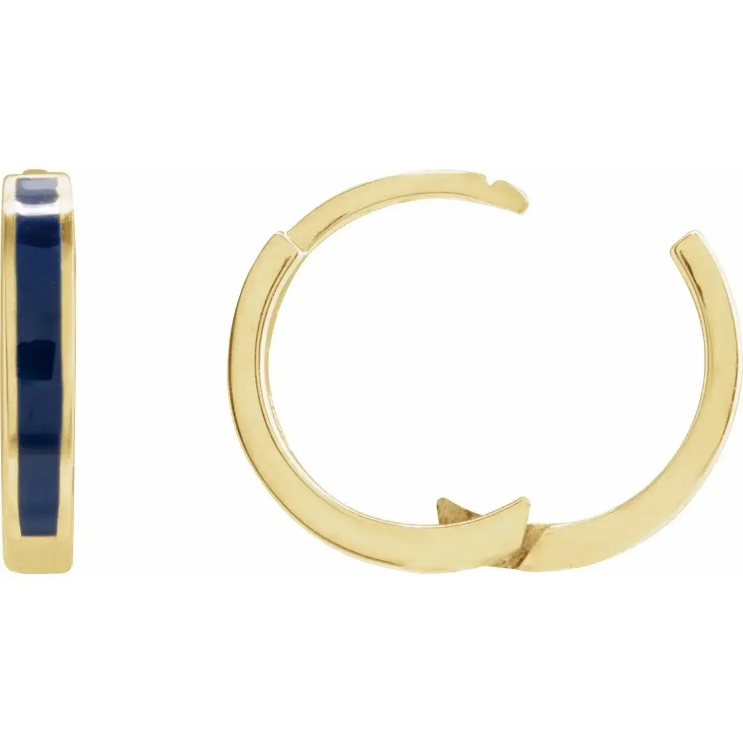 Blue enamel hoop earrings in 14K solid gold with a secure hinged closure. A chic and modern addition to any jewelry collection.