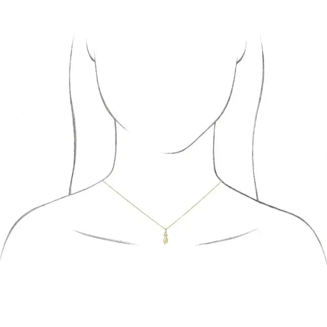 Illustration of the Buddha Hand Diamond Necklace worn on a model, depicting its elegant length and delicate design in 14K gold with diamond details.