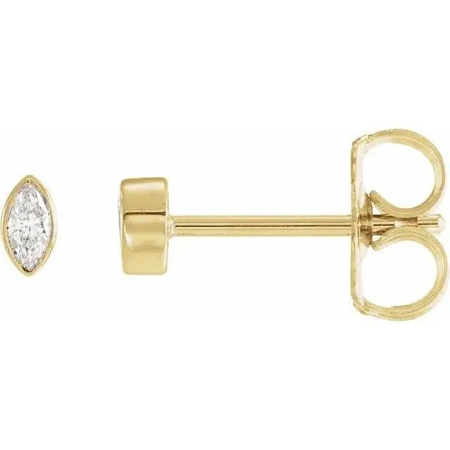 14K gold marquise diamond bezel stud earrings with unique design