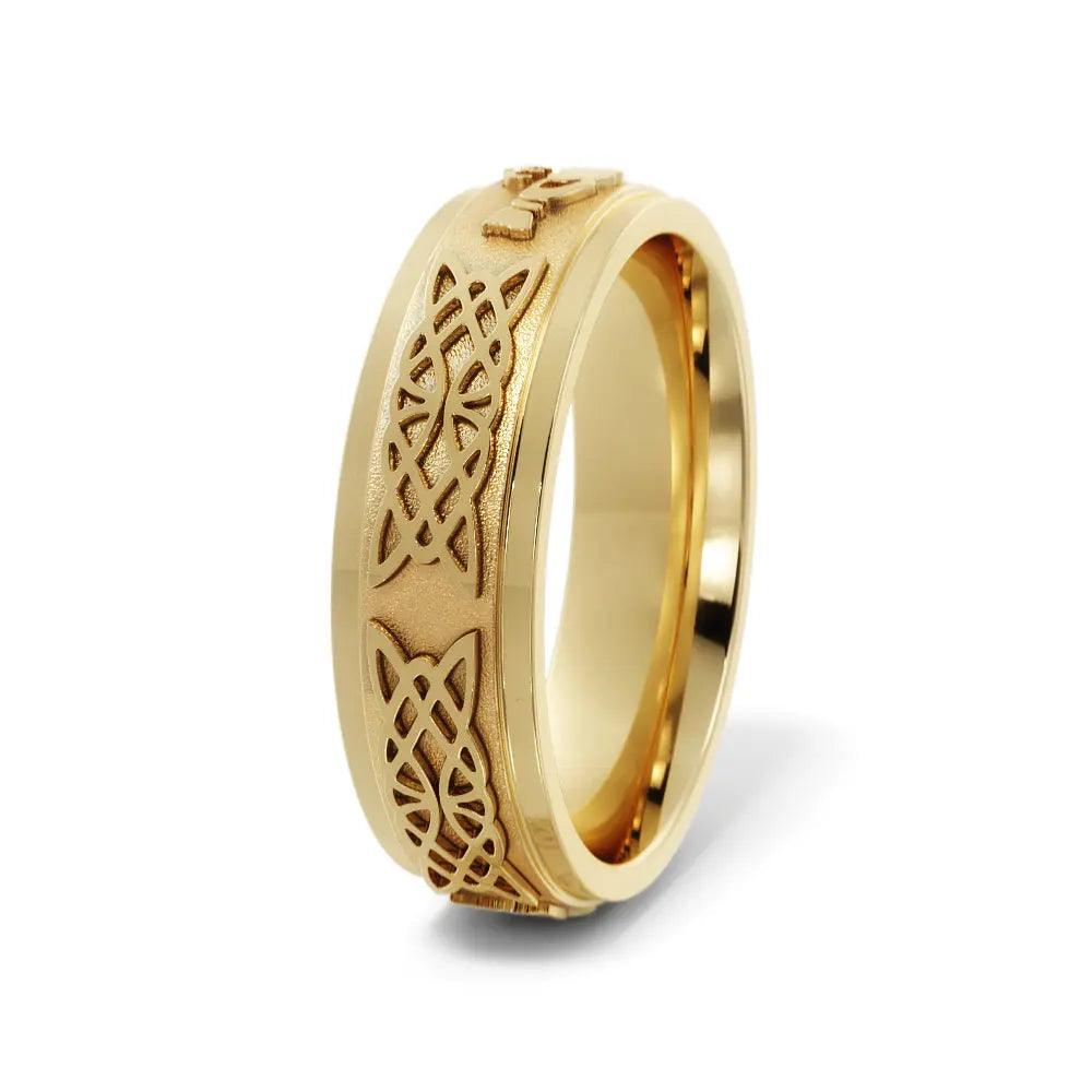 Elegant 6mm yellow gold wedding band with Claddagh design