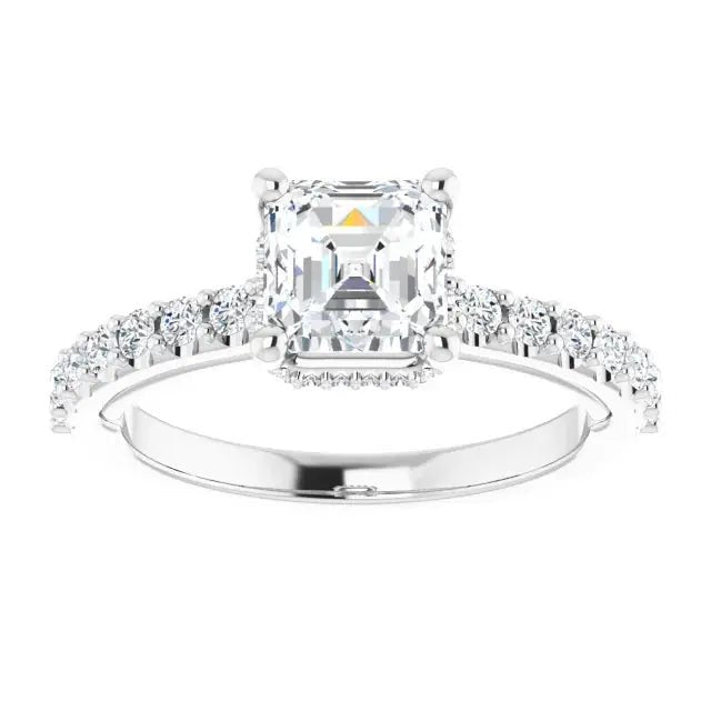 Classic Halo Asscher Diamond Ring by Dimitrios Creations featuring a stunning Asscher-cut diamond with a halo setting on a diamond-studded band.