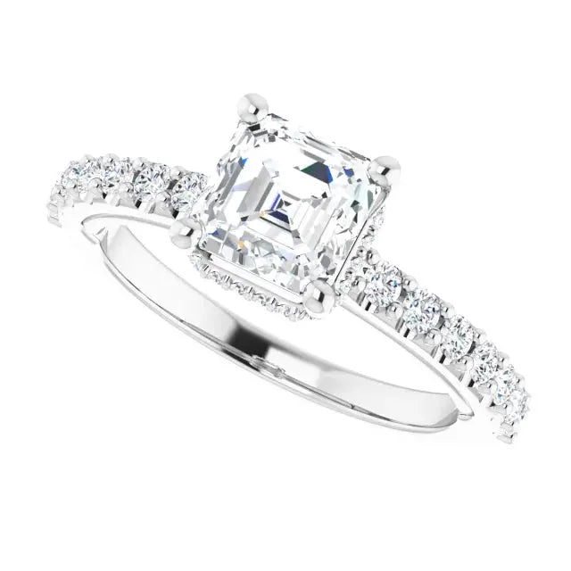 Elegant Classic Halo Asscher Diamond Ring with a sparkling Asscher-cut center stone and diamond-accented band, perfect for engagements.