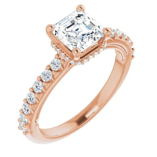 Rose gold Classic Halo Asscher Diamond Ring with a radiant Asscher-cut diamond and diamond-accented band for a romantic engagement style.