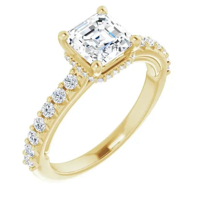 Yellow gold Classic Halo Asscher Diamond Ring featuring a brilliant Asscher-cut diamond and diamond-studded band for a timeless appeal.