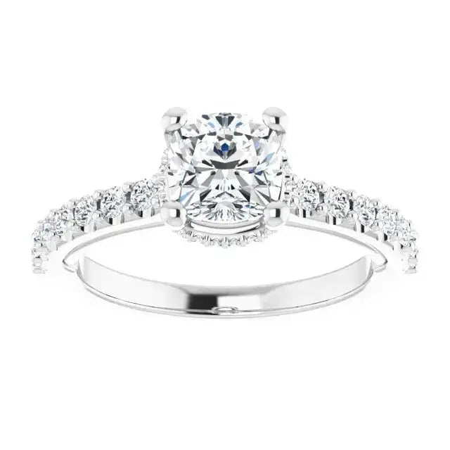 Classic halo cushion diamond ring with radiant halo design