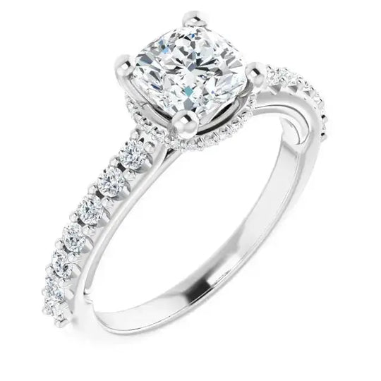 Handcrafted cushion diamond ring with halo setting