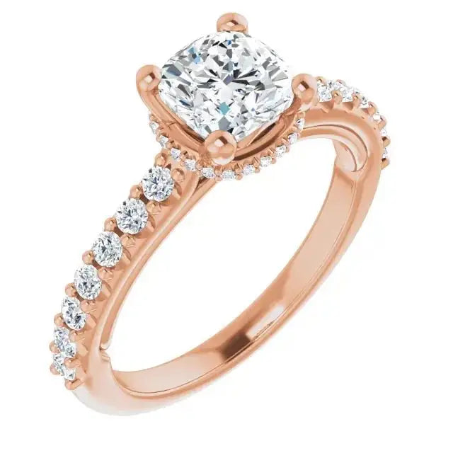 Romantic cushion-cut diamond ring with halo accents