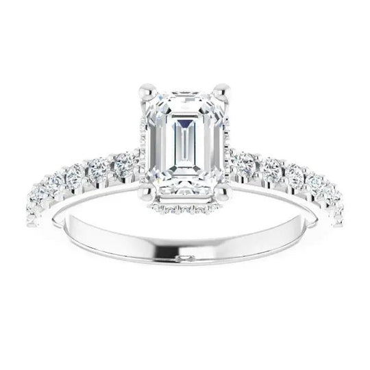 Classic halo emerald-cut diamond ring in 14K gold