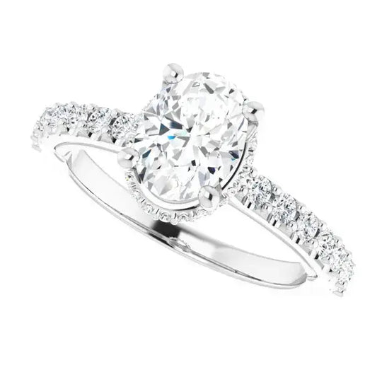 Oval lab-grown diamond engagement ring with radiant halo