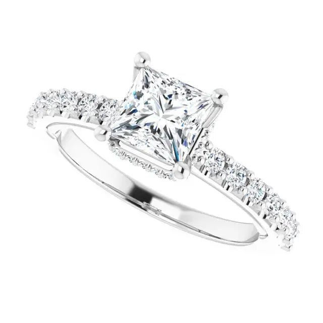 Elegant Classic Halo Princess Cut Diamond Ring with a sparkling 1ct square diamond and accent stones on a 14k white gold band.