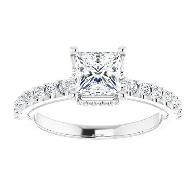 Classic Halo Princess Cut Diamond Ring with a 1ct brilliant-cut square diamond set in a 14k white gold band featuring accent diamonds.