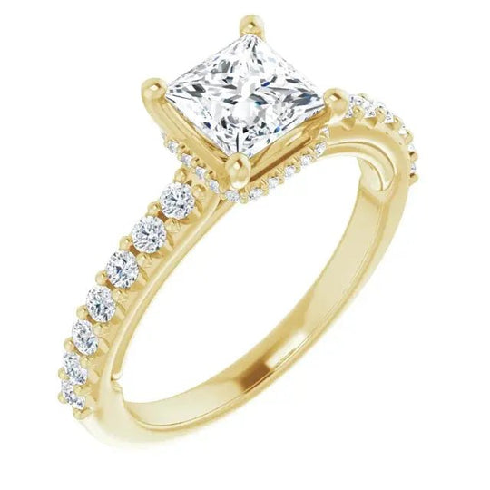 Classic Halo Princess Cut Diamond Ring in 14k yellow gold with a 1ct square diamond and accent stones along the band.