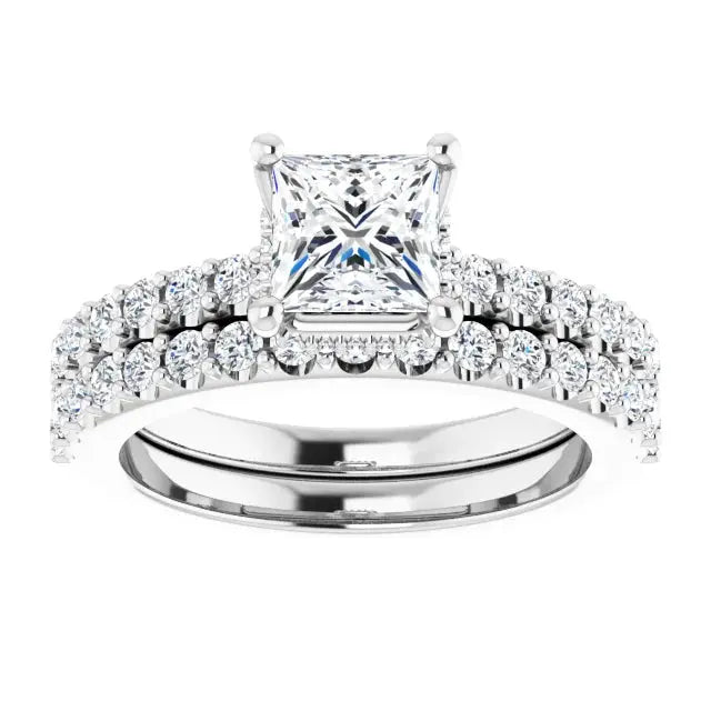 Front view of the Classic Halo Princess Cut Diamond Bridal Set with a 1ct square diamond and matching diamond wedding band in 14k white gold.