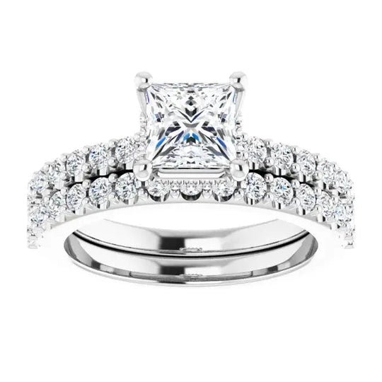 Front view of the Classic Halo Princess Cut Diamond Bridal Set with a 1ct square diamond and matching diamond wedding band in 14k white gold.