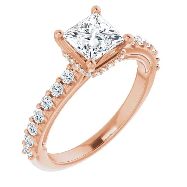 Classic Halo Princess Cut Diamond Ring in 14k rose gold featuring a 1ct square diamond and accent diamonds along the band.