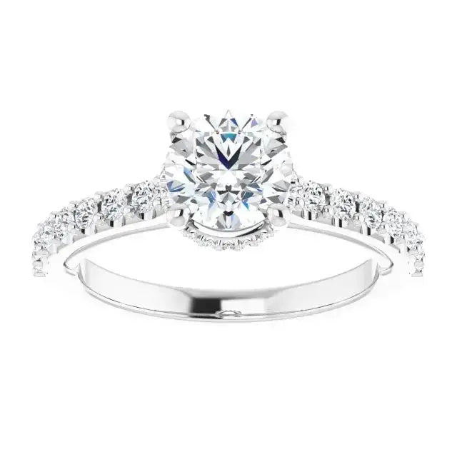 Classic Halo Round Diamond Ring with a brilliant round-cut diamond and a sparkling halo, set on a white gold band with diamond accents.