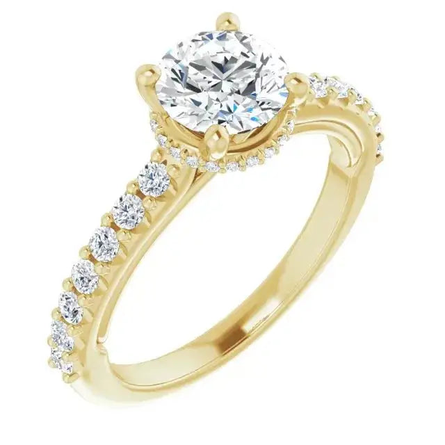 Classic Halo Round Diamond Ring in yellow gold, featuring a round-cut diamond, halo setting, and diamond-accented band for a timeless look.