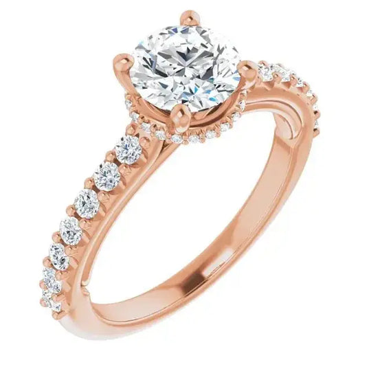 Rose gold Classic Halo Round Diamond Ring with a round-cut diamond, halo setting, and diamond-studded band for a romantic and elegant style.