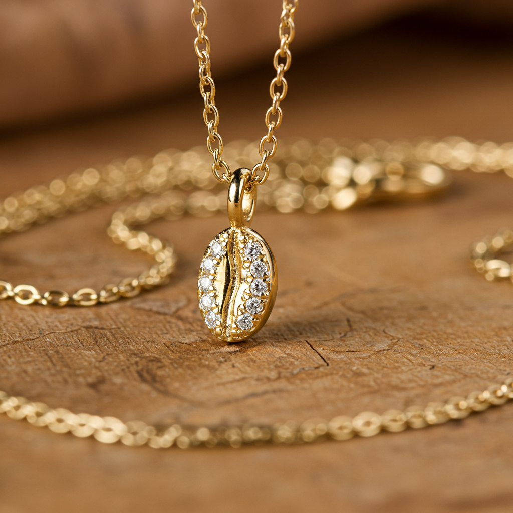 Diamond coffee bean necklace in 14K yellow gold with natural pavé diamonds – handcrafted in New York