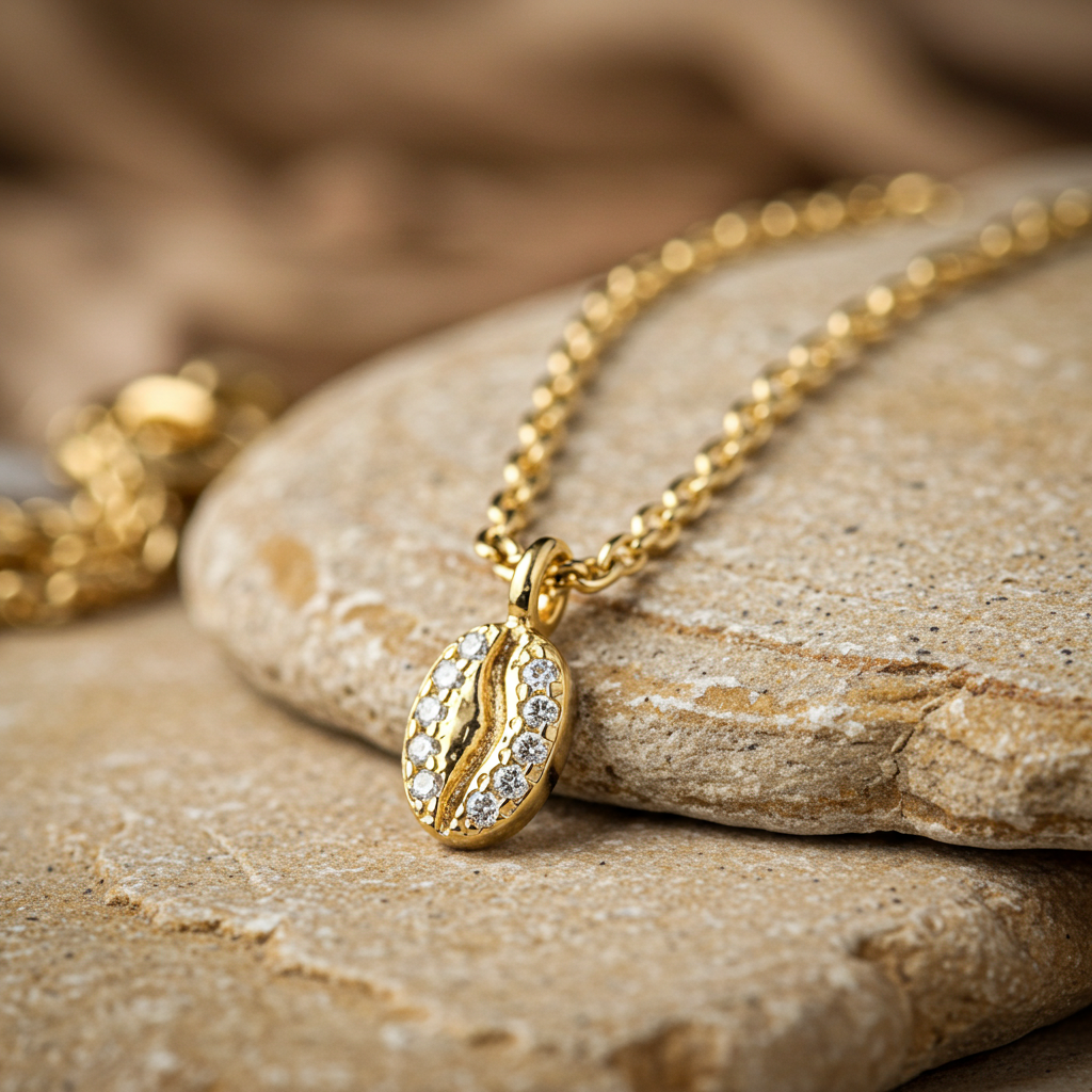 Natural diamond-studded coffee bean charm on fine 14K yellow gold chain – ethically made in New York