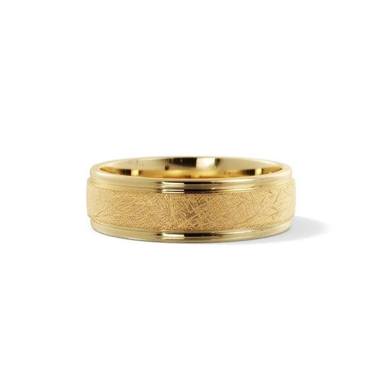 Classic 14K yellow gold wedding ring with comfort fit, cross satin finish, and bump edge design