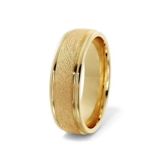 Men’s 14K yellow gold wedding band featuring cross satin finish and sleek bump edge