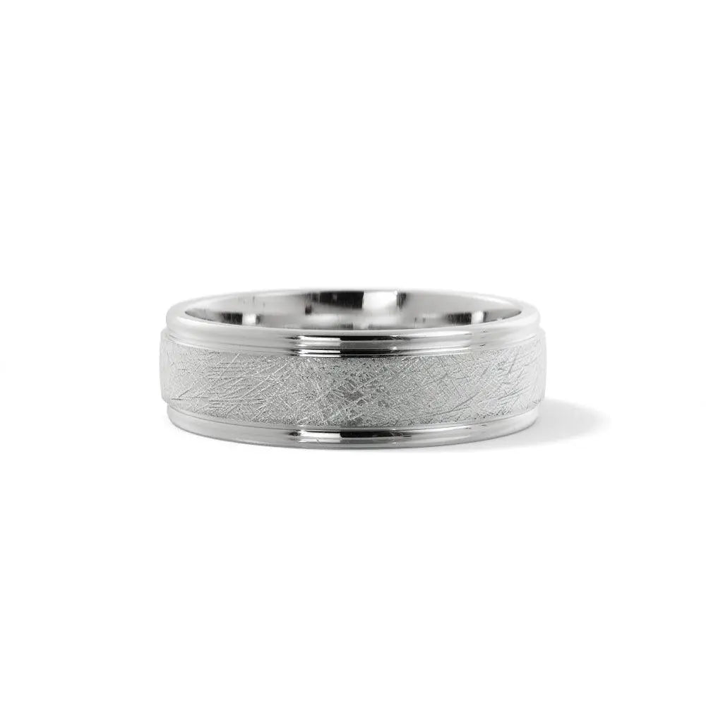 Timeless 14K white gold wedding band with 6mm width, cross satin finish, and polished bump edge.