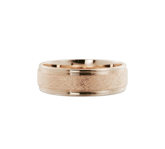 Elegant 14K rose gold wedding band with cross satin finish and polished bump edge for a unique style.