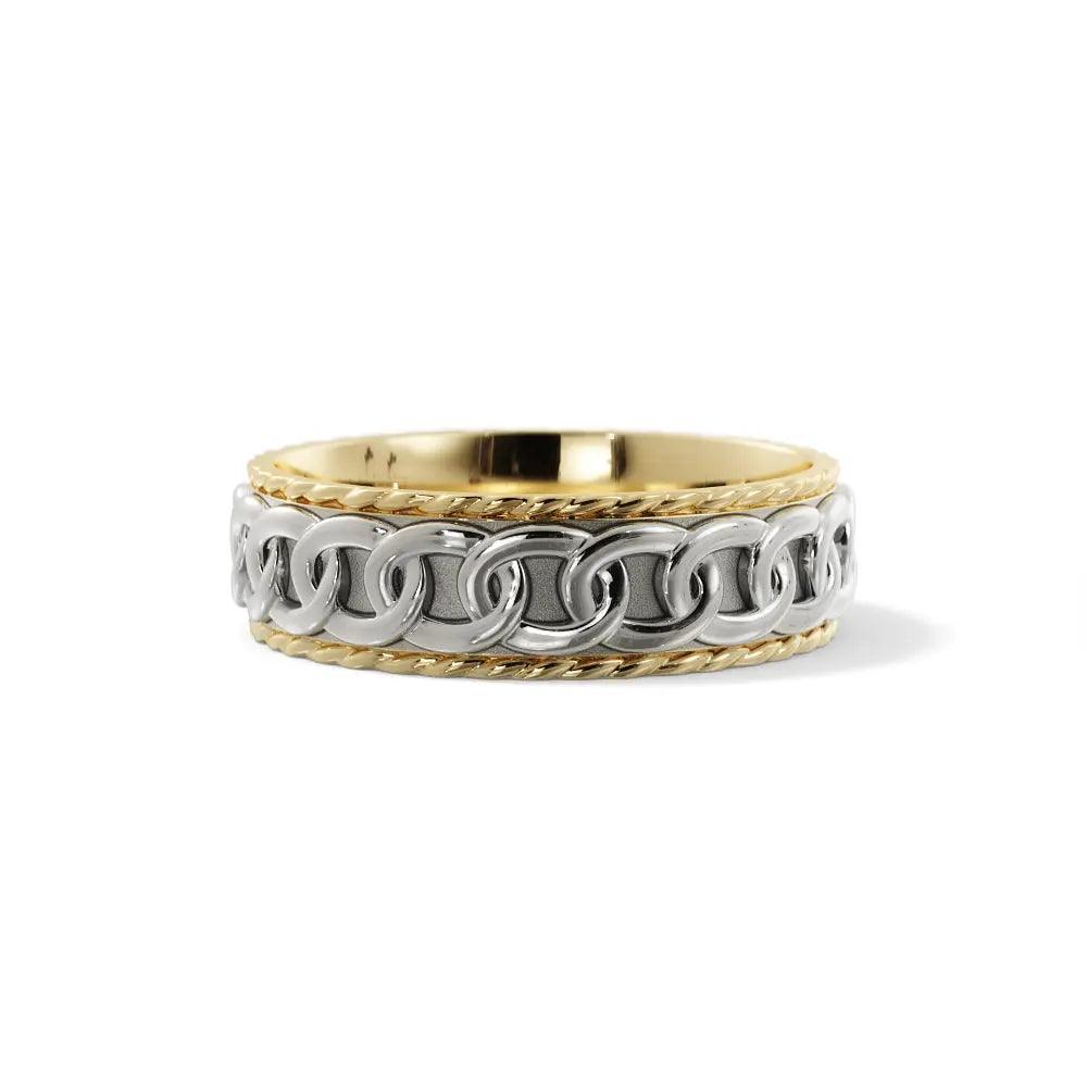 Men’s chain link wedding ring in yellow and white gold