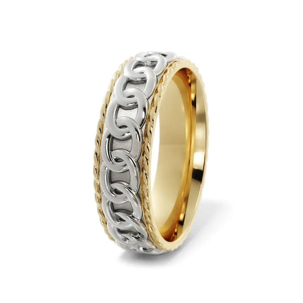 Two-tone 6mm wedding band with chain link motif