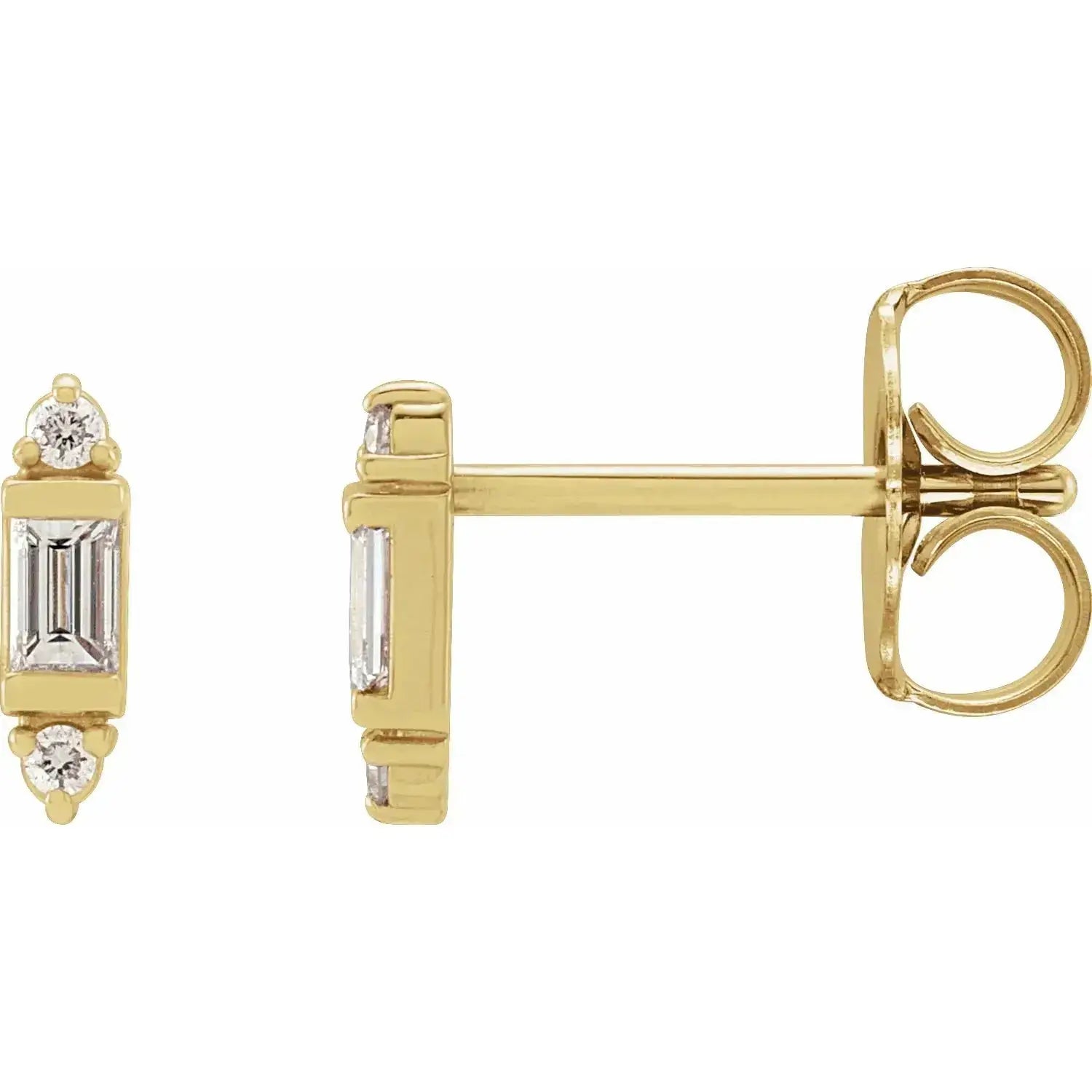 Handcrafted VS diamond drop earrings with baguette accent in luxury gold by Dimitrios Creations