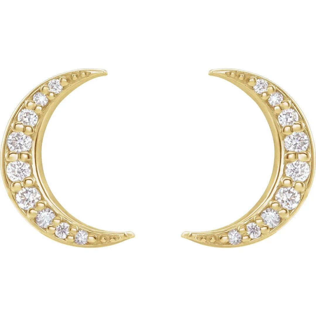 Diamond crescent moon earrings in 14K yellow gold, featuring natural diamonds in a celestial design. Elegant and timeless jewelry for any occasion.